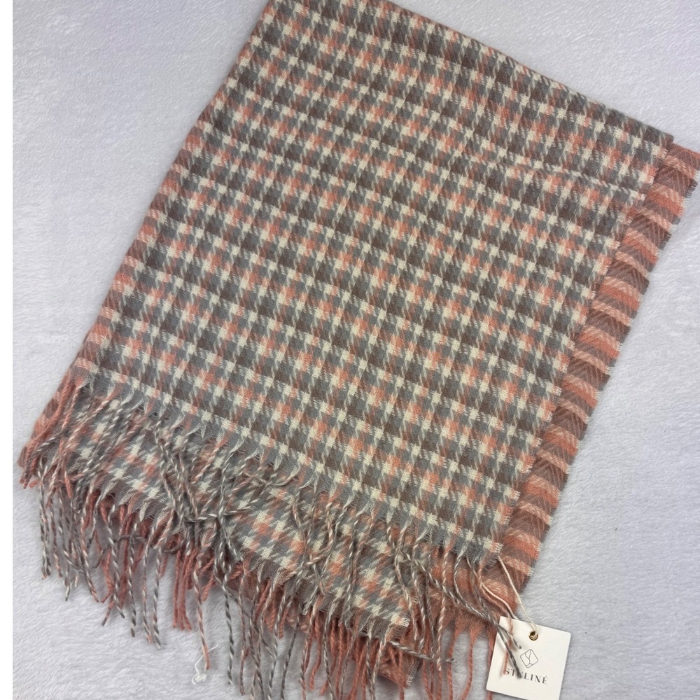 Styline Houndstooth Striped Fringed Scarf Peach Grey MS0266PE NWT